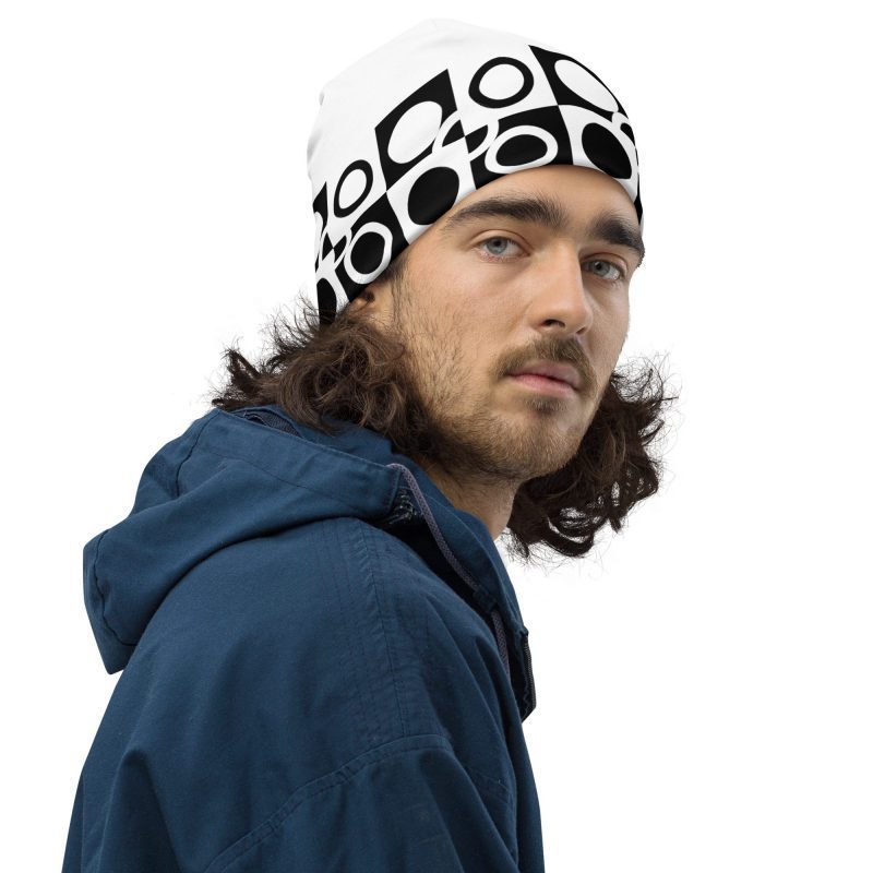Weiße Beanie Mütze mit Kreismotiven – „Hula Hoops“ Kollektion